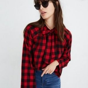 Madewell Buffalo Plaid Check Tie Neck Popover Blouse Top Size XL Red Black